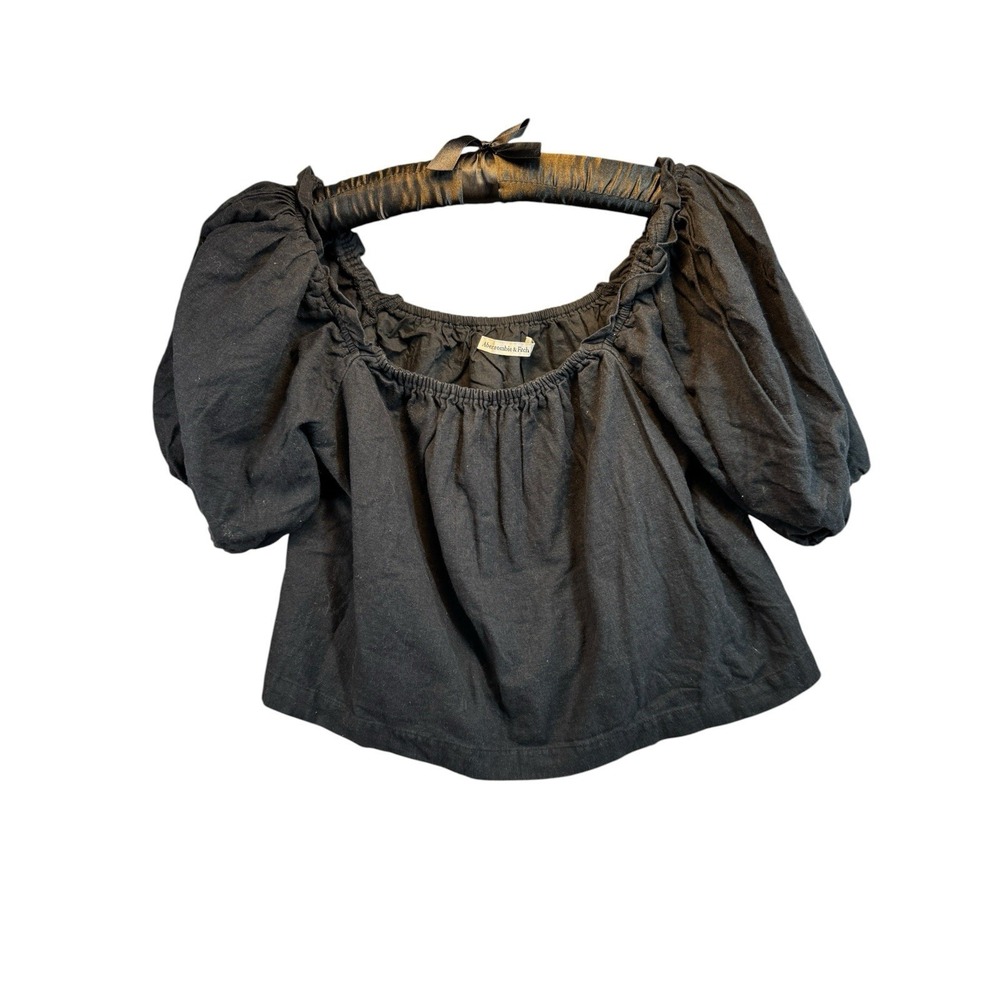Abercrombie & Fitch Womens Crop Top Med Black Smocked Off Shoulder Peasant Boho